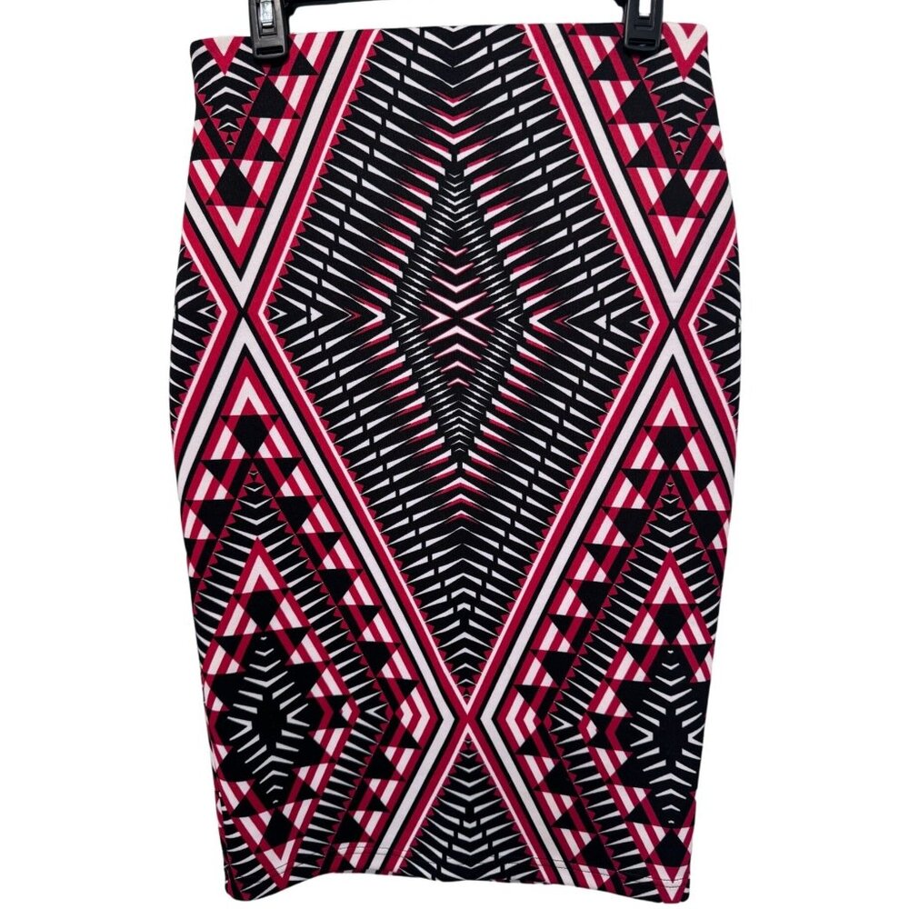 Sequin Hearts Pencil Skirt Black Red White Geometric Pattern Stretch Waist Med.
